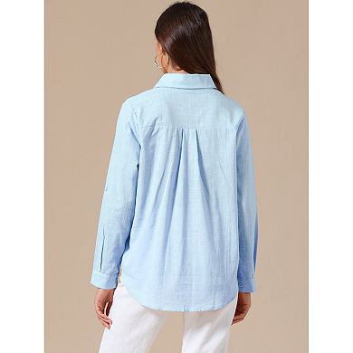 Casual Button Down Shirts for Women's Collared Rolled Long Sleeve Blouse