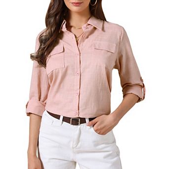 Casual Button Down Shirts for Women's Collared Rolled Long Sleeve Blouse
