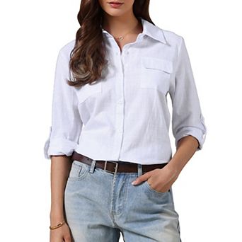 Casual Button Down Shirts for Women's Collared Rolled Long Sleeve Blouse