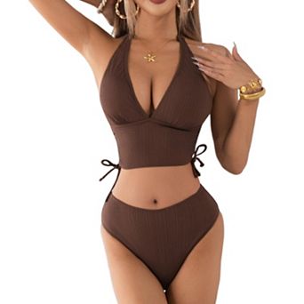 Plus Size Checkered High Waisted Bikini Set U-Neck Modest Coverage Two Piece Swimsuit for Women