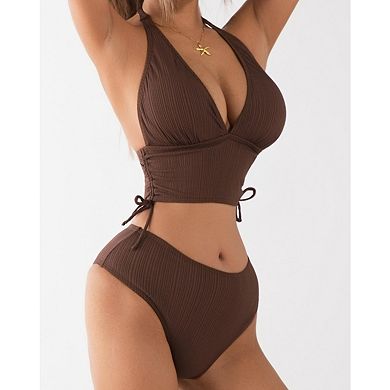Plus Size Checkered High Waisted Bikini Set U-Neck Modest Coverage Two Piece Swimsuit for Women