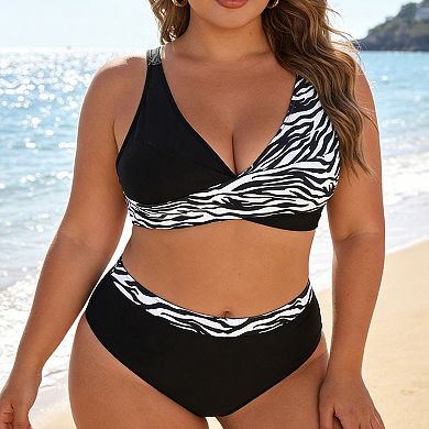 Women's Zebra Print Two Piece Bikini Set High Waist Bottom Wrap Front Bathing Suit
