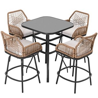 Wicker Patio Bar Set, Swivel Bar Stools, Tempered Glass Tabletop, Beige and Brown with Gold Speckles
