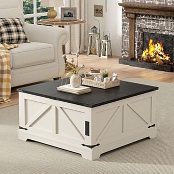 Farmhouse Lift Top Coffee Table with Charging Station, Square Storage Table for Living Room
