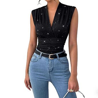 Womens Deep V Neck Sleeveless Top Ruched Waist Elegant Blouse