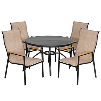 5 pc Patio Dining Set with Umbrella Hole, Stackable Textilene Chairs, Black and Khaki
