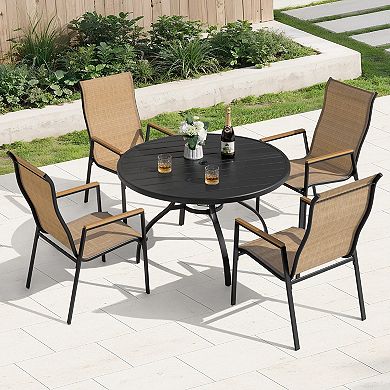 5-Piece Patio Dining Set with Umbrella Hole, Stackable Textilene Chairs, Black and Khaki
