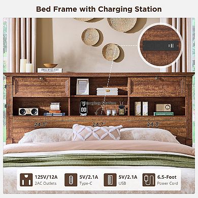 Farmhouse King & Queen Bed Frame with 54" Storage Headboard, USB & 2 Drawers, Wood Platform Bed