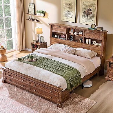 Farmhouse King & Queen Bed Frame with 54" Storage Headboard, USB & 2 Drawers, Wood Platform Bed