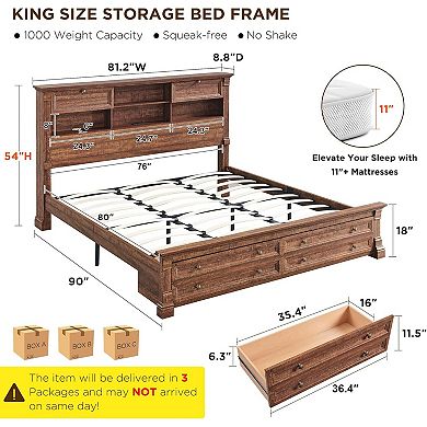 Farmhouse King & Queen Bed Frame with 54" Storage Headboard, USB & 2 Drawers, Wood Platform Bed