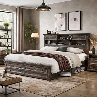 Farmhouse King & Queen Bed Frame with 54" Storage Headboard, USB & 2 Drawers, Wood Platform Bed