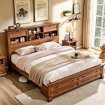 Farmhouse King/Queen Bed Frame with 54" Storage Headboard, USB Ports & 2 Drawers, Wood Platform Bed