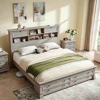 Farmhouse King/Queen Bed Frame with 54" Storage Headboard, USB Ports & 2 Drawers, Wood Platform Bed