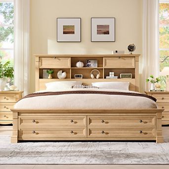 Farmhouse King/Queen Bed Frame with 54" Storage Headboard, USB Ports & 2 Drawers, Wood Platform Bed