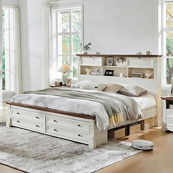 Farmhouse King/Queen Bed Frame with 54" Storage Headboard, USB Ports & 2 Drawers, Wood Platform Bed