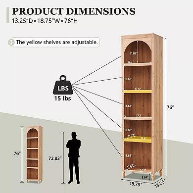 Arched Bookcase with 2 Adjustable Shelves, 76" Tall Bookshelves with Open Display Shelves