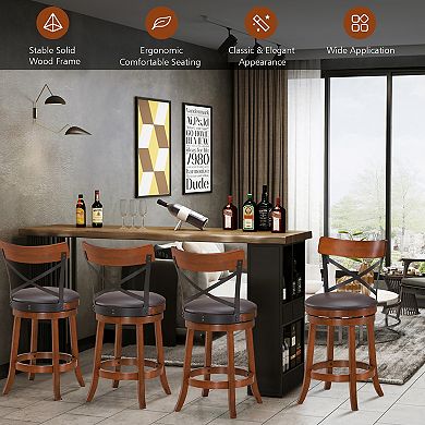 Costway Bar Stools Swivel 25'' Dining Bar Chairs with Rubber Wood Legs
