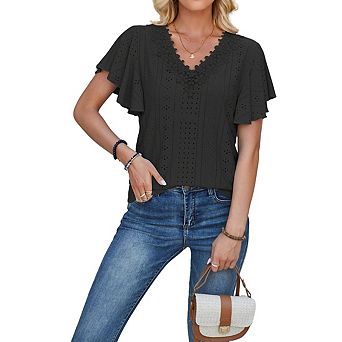 Womens V Neck Short Ruffled Sleeve Blouse Casual Summer Tops