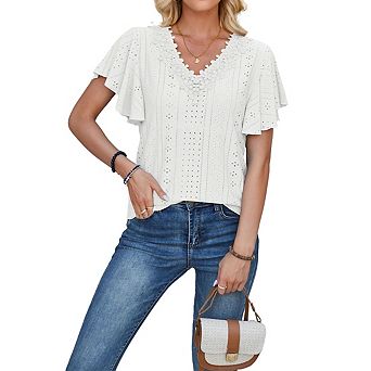 Womens V Neck Short Ruffled Sleeve Blouse Casual Summer Tops