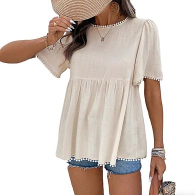 Womens Crew Neck Short Puff Sleeve Blouse Button Back Casual Summer Tops