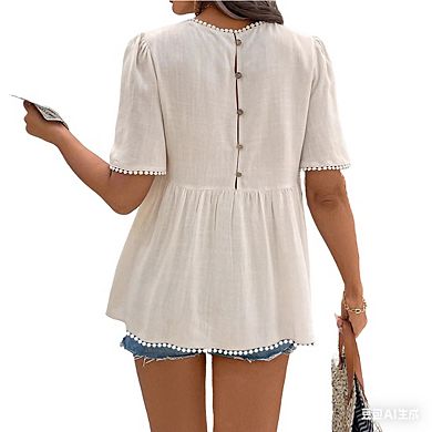 Womens Crew Neck Short Puff Sleeve Blouse Button Back Casual Summer Tops