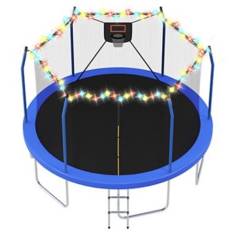 Whisen 14FT Trampoline with LED Lights and Basketball Hoop for Backyard Family Entertainment