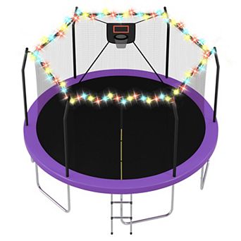 Whisen 14FT Trampoline with LED Lights and Basketball Hoop for Backyard Family Entertainment