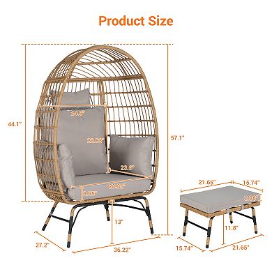 WOW PIONEER Oversized Indoor Outdoor Wicker Egg Chair with Ottoman and Thick Cushions