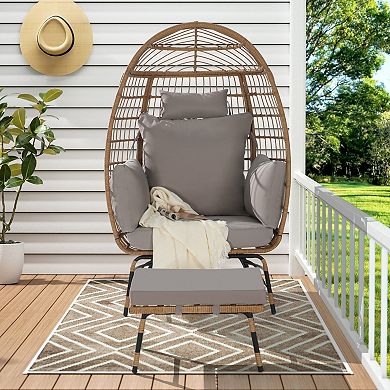 WOW PIONEER Oversized Indoor Outdoor Wicker Egg Chair with Ottoman and Thick Cushions