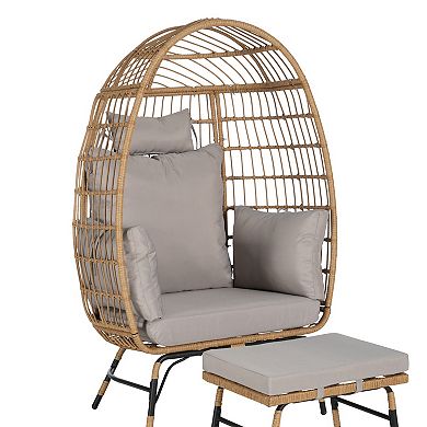 WOW PIONEER Oversized Indoor Outdoor Wicker Egg Chair with Ottoman and Thick Cushions