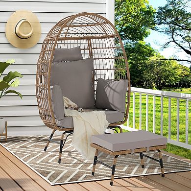 WOW PIONEER Oversized Indoor Outdoor Wicker Egg Chair with Ottoman and Thick Cushions