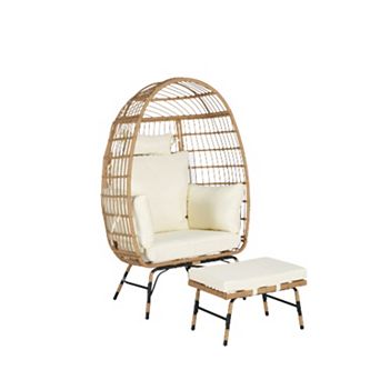 WOW PIONEER Oversized Indoor Outdoor Wicker Egg Chair with Ottoman and Thick Cushions