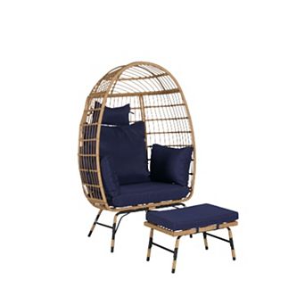 WOW PIONEER Oversized Indoor Outdoor Wicker Egg Chair with Ottoman and Thick Cushions