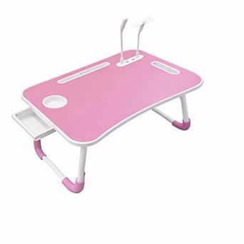 Pink Portable Foldable Laptop Bed Desk with USB Ports, Cooling Fan, and LED Light