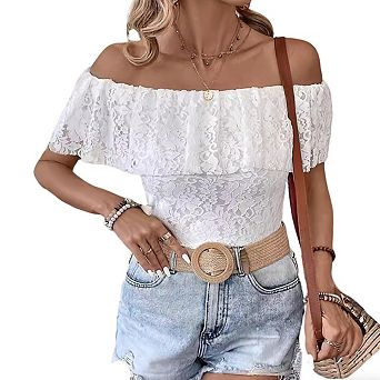 Womens Off the Shoulder Short Ruffled Sleeve Blouse Lace Floral Casual Summer Tops