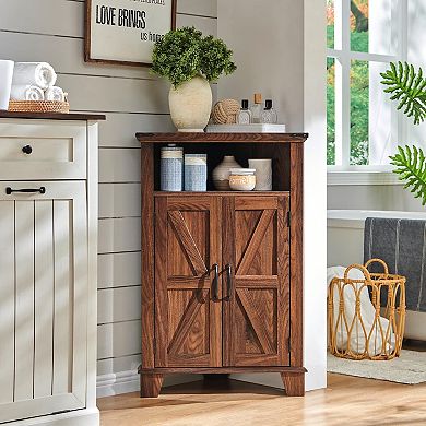 Bathroom Corner Cabinet with Barn Door & Adjustable Shelf, Farmhouse Small Storage Cabinet