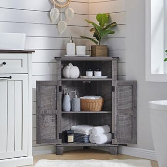 Bathroom Corner Cabinet with Barn Door & Adjustable Shelf, Farmhouse Small Storage Cabinet
