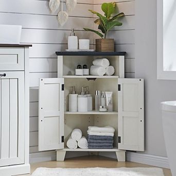 Bathroom Corner Cabinet with Barn Door & Adjustable Shelf, Farmhouse Small Storage Cabinet