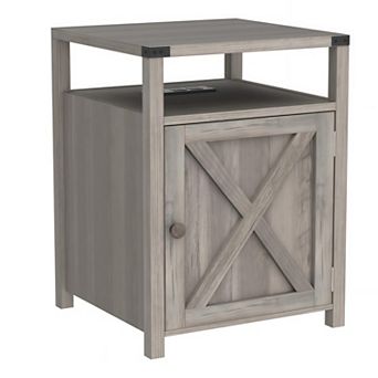 Farmhouse Nightstand with Charging Station (2 AC/2 USB), Rustic End Table Besides Table for Bedroom