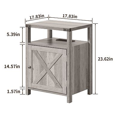 Farmhouse Nightstand with Charging Station (2 AC/2 USB), Rustic End Table Besides Table for Bedroom