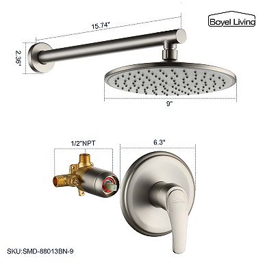 1-Spray Patterns with 3.4 GPM 9 in. Wall Mount Rain Fixed Shower Head, Single Lever Handle, Valve