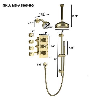 1-Spray Patterns with 2.5 GPM 8 in. Wall Mount Dual Shower Heads, Hand Shower and 4 Body Sprays