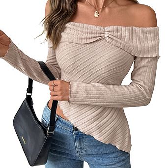 Womens Off the Shoulder Top Long Sleeves Ribbed Knit Front Knot Blouse