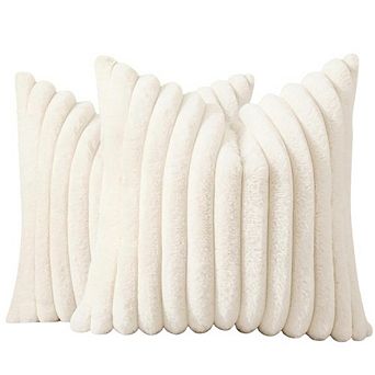 Faux Fur Striped Throw Pillow Covers Set of Two Plush Decorative Cream White
