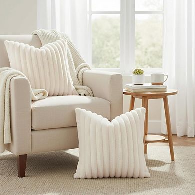 Faux Fur Striped Throw Pillow Covers Set of Two Plush Decorative Cream White
