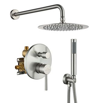 1-Spray Patterns with 2.5 GPM 10 in Round Wall Mount Dual Shower Heads with Pressure Balance Valve