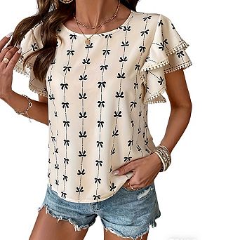 Womens Crew Neck Ruffled Short Sleeve Blouse Bow Print Casual Summer Top