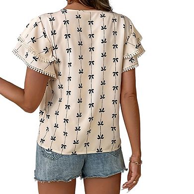 Womens Crew Neck Ruffled Short Sleeve Blouse Bow Print Casual Summer Top