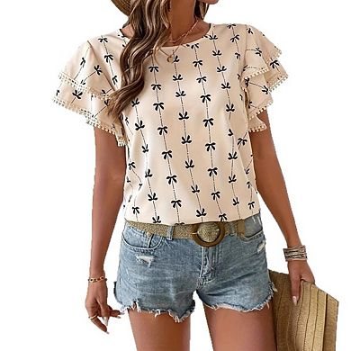 Womens Crew Neck Ruffled Short Sleeve Blouse Bow Print Casual Summer Top