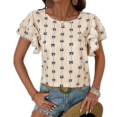 Womens Crew Neck Ruffled Short Sleeve Blouse Bow Print Casual Summer Top